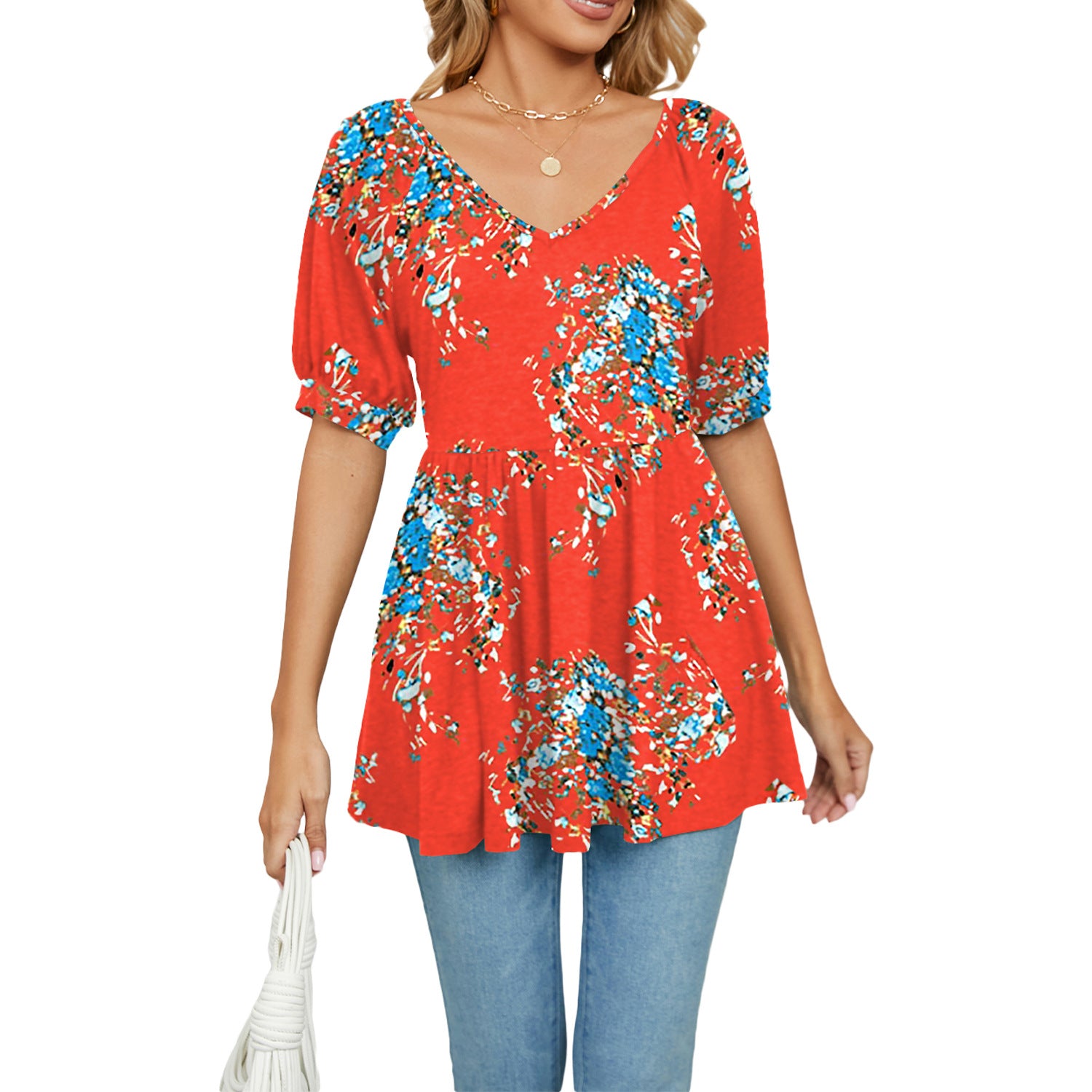 Women's V-neck Printed Puff Sleeve Waist Blouses