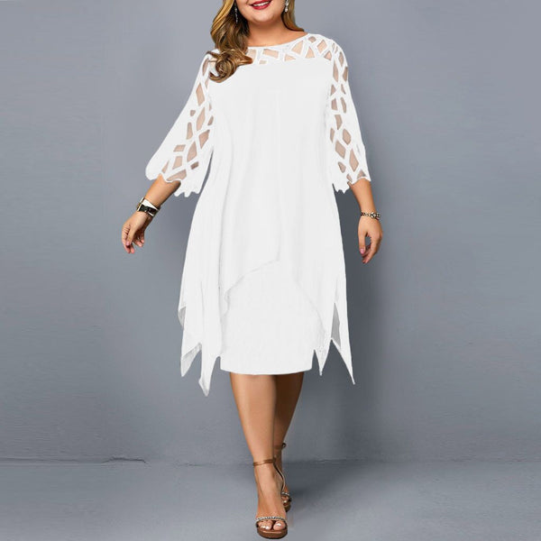 Lace Stitching 3/4 Sleeve Irregular Hem Chiffon Dresses