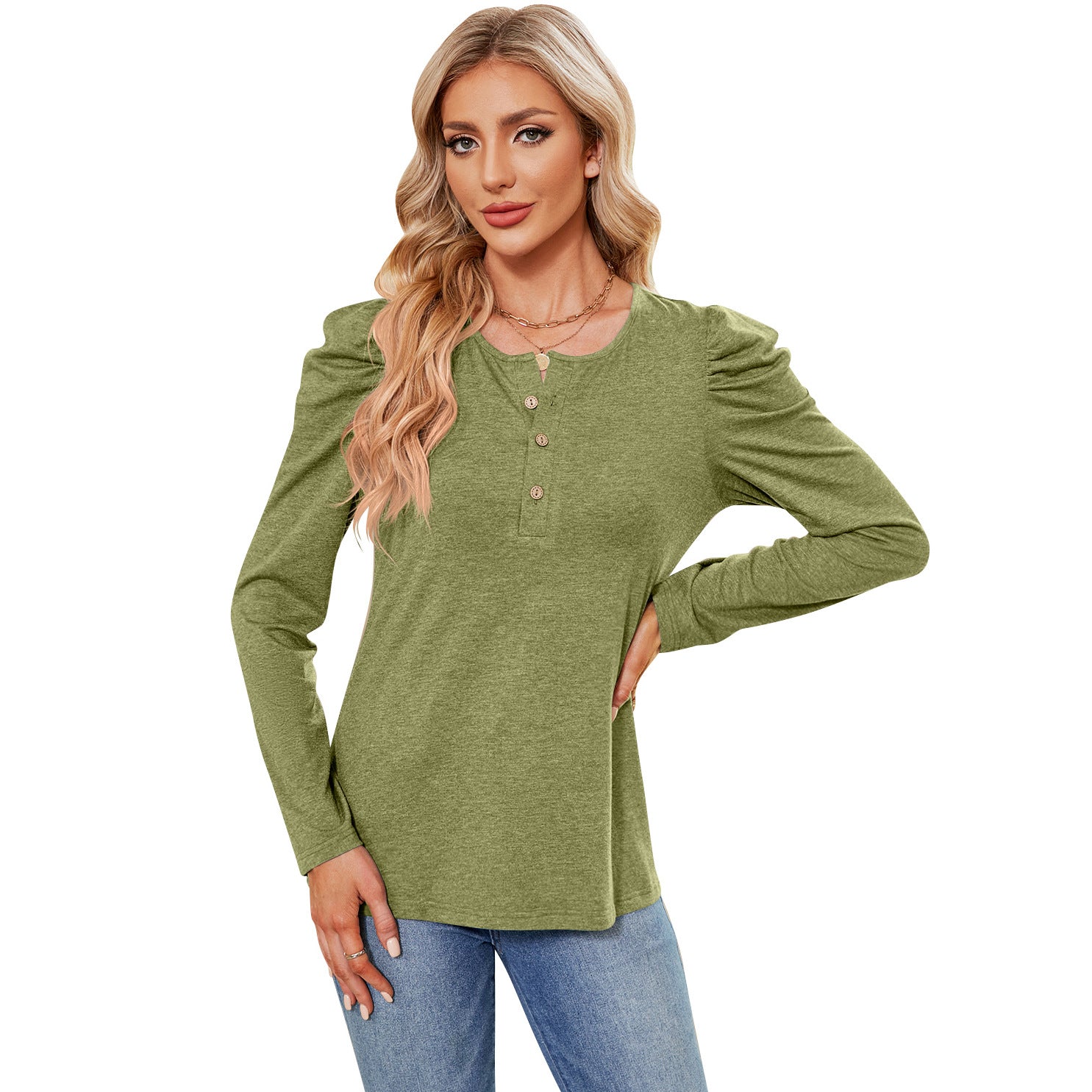 Women's Color Buttons Round Neck Puff Sleeve Blouses