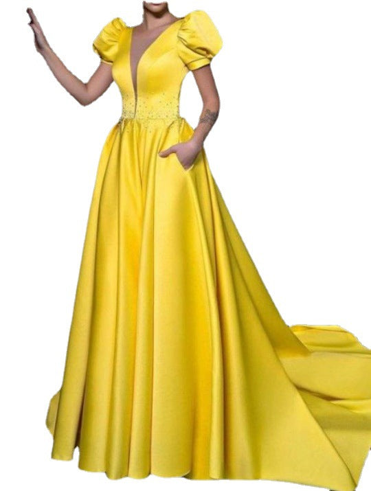 Fashion Large Yellow Long V-neck High Dresses