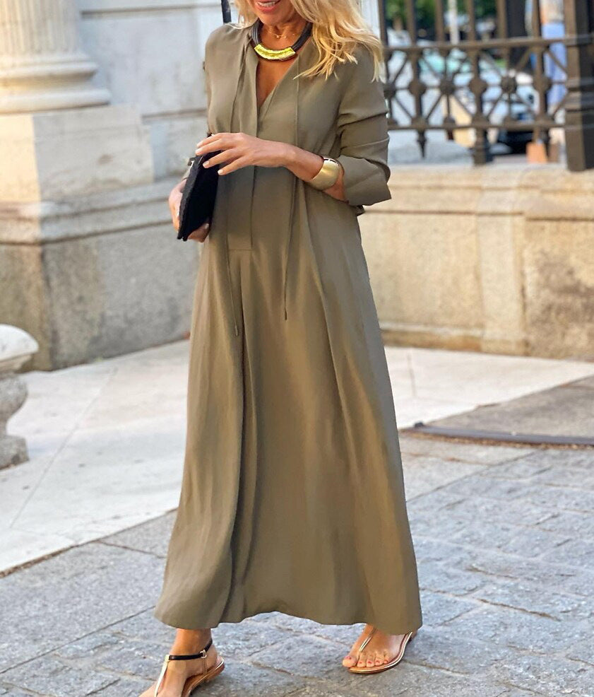 Solid Color V-neck Long Sleeve Simple Casual Dresses