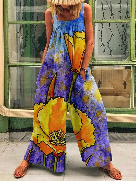 Women's Summer Large Printed Loose Wide Leg Jumpsuits