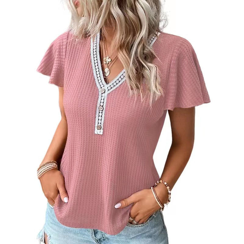 Women's Flying Sleeves Waffle Stitching With Blouses