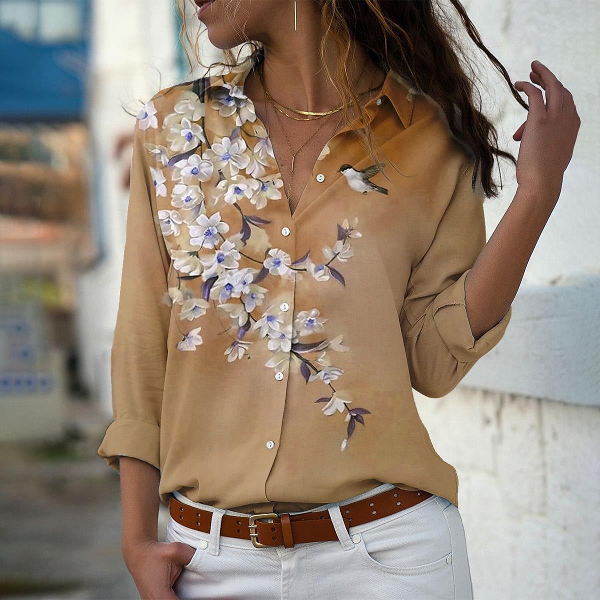 Blouses de chemise imprimées à col blanc pour femmes élégantes