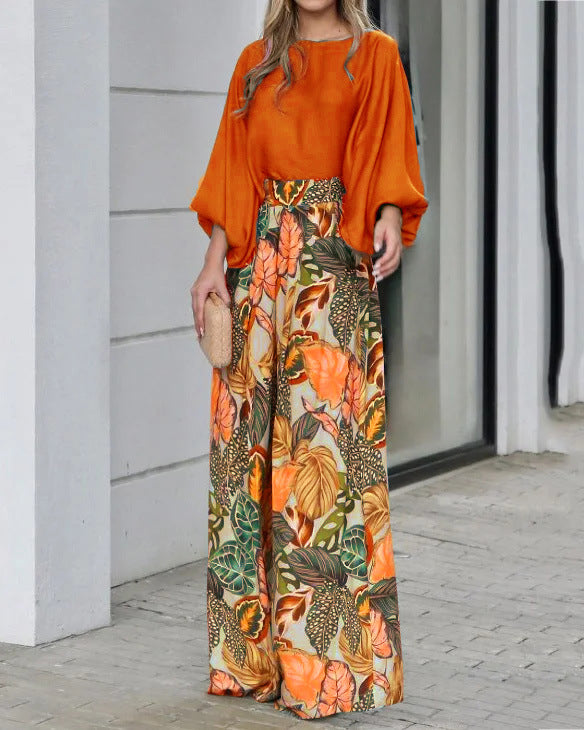 Women's Sleeve Loose Printed Wide Leg Two-piece Suits