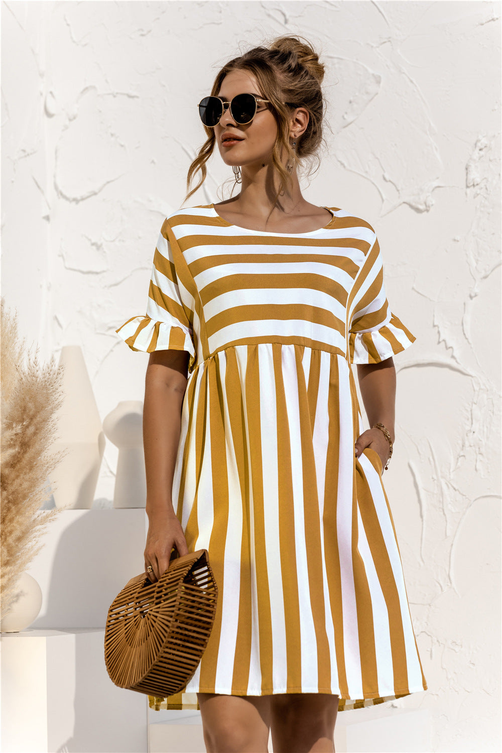 Women's Sleeves Striped Stitching Color Pocket Loose Dresses