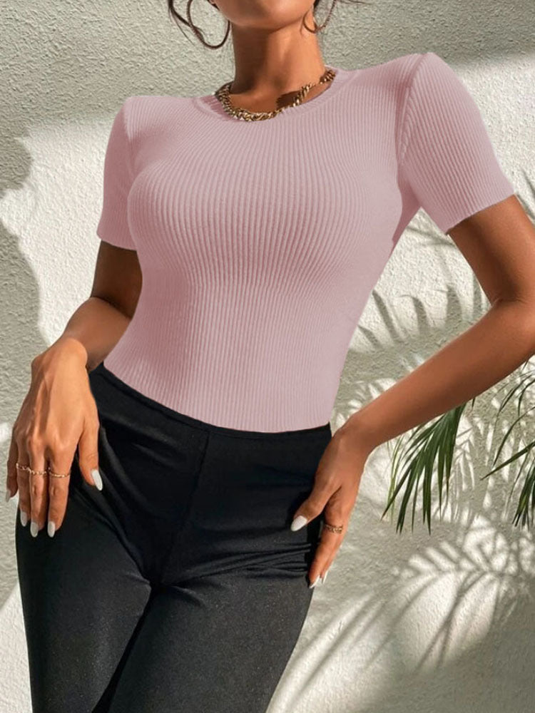 Women's Round Neck Solid Color Short-sleeved Knitted Blouses