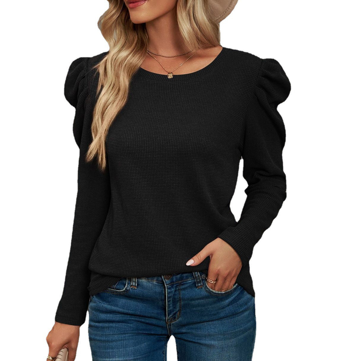 Women's Long-sleeved Pleated Patchwork Round Neck T-shirt Blouses