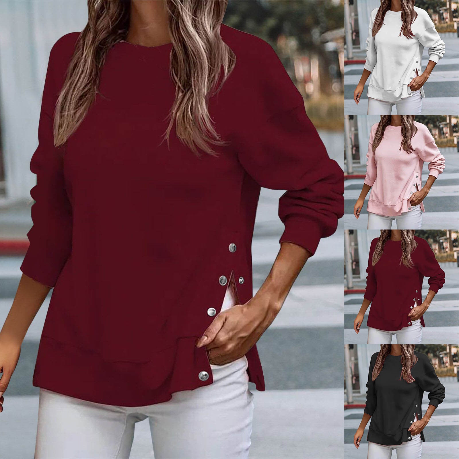Women's Round Neck Drop-shoulder Long-sleeve Button T-shirt Sweaters