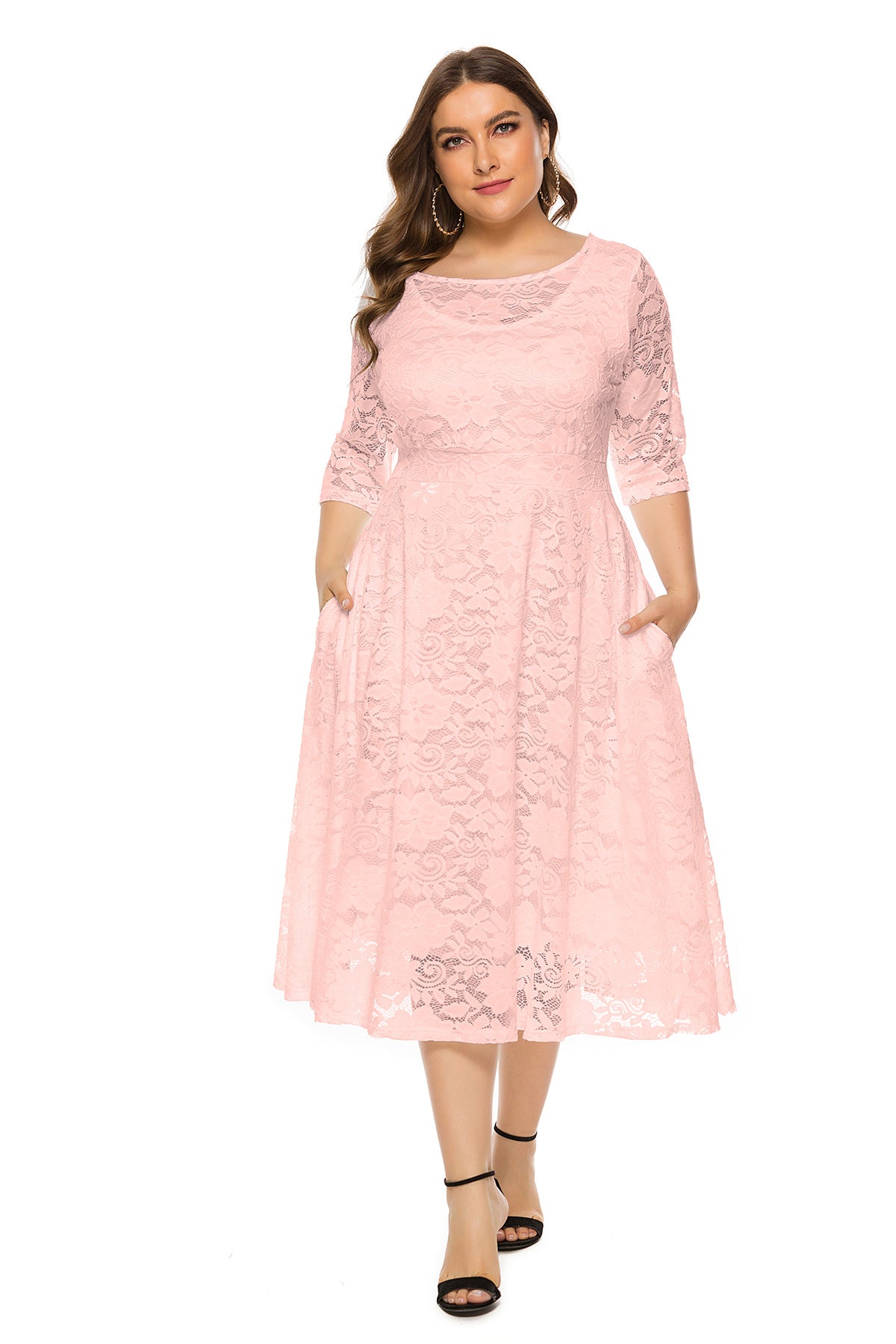 Pretty Midi Hollow Lace Pocket Dress Plus Size