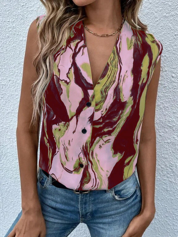 Women's Classy Lining Printed V-neck Button Blouses