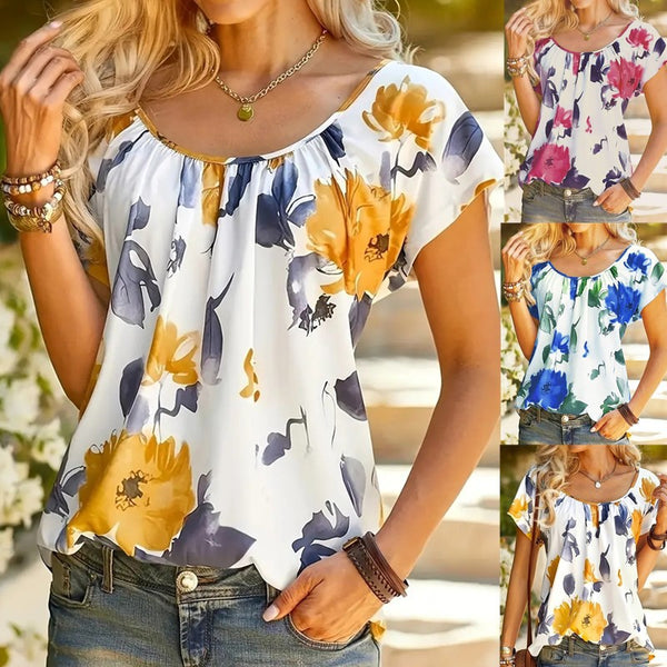 Floral Pleated Print Sleeve Round Neck Blouses