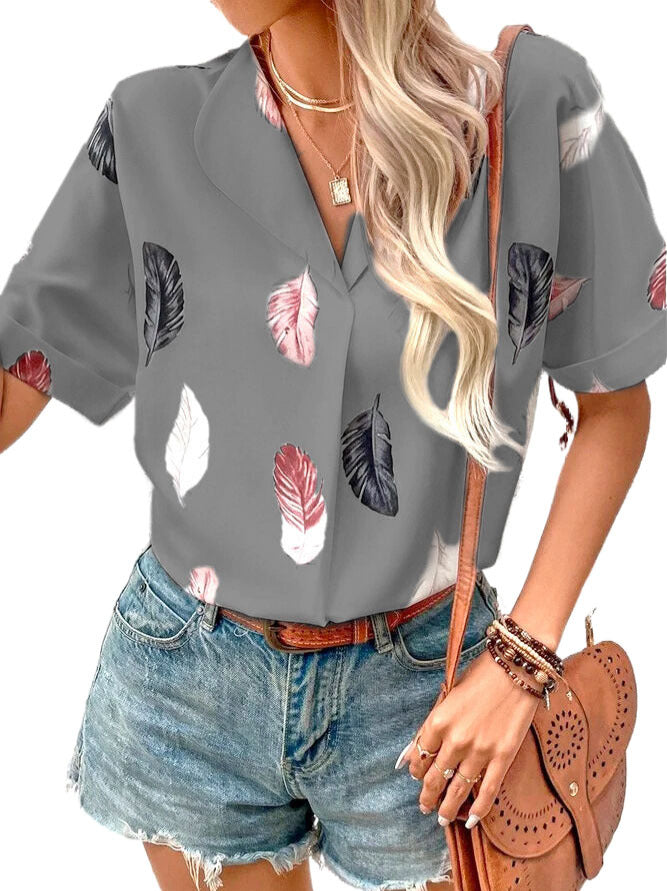 Women's Summer Lapel Feather Printed Sleeve Blouses