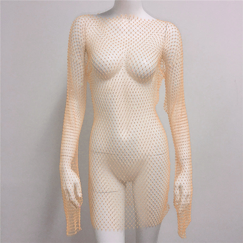 Women's Dress Rhinestone Fishnet Sexy Hot Long Sleeve Hollow Dresses