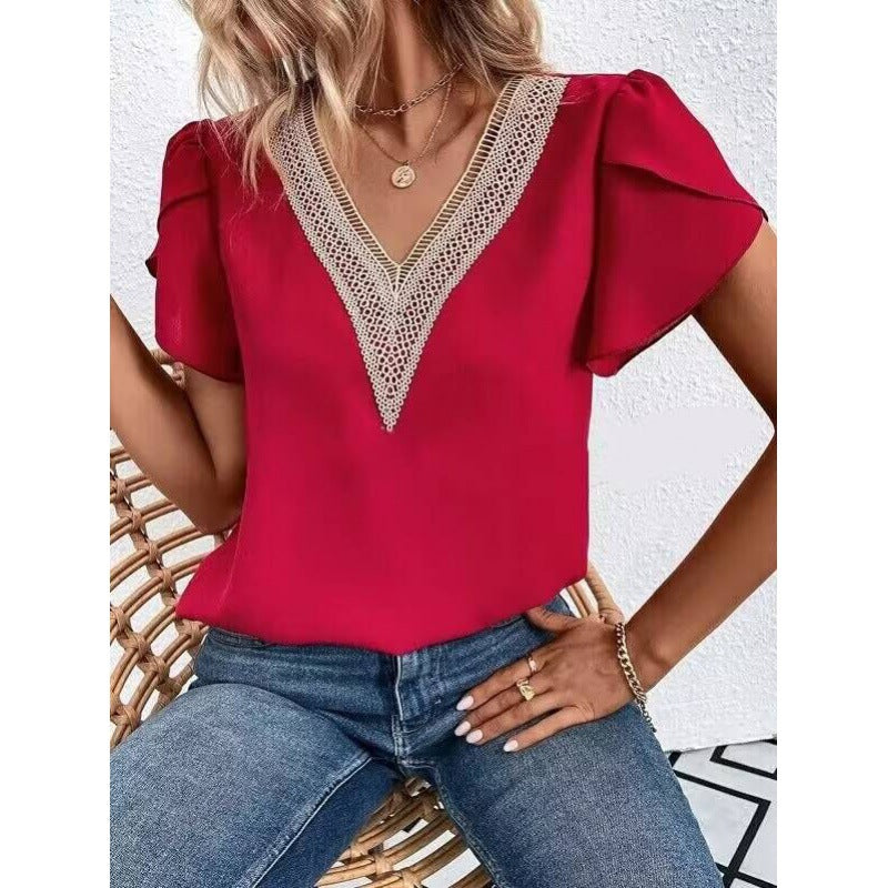 Gold V-neck Petal Sleeve Solid Color Blouses