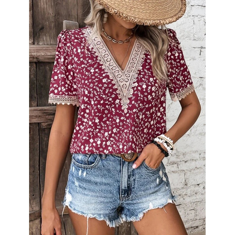 Pastoral Style Fashionable Floral Printed Collar Blouses