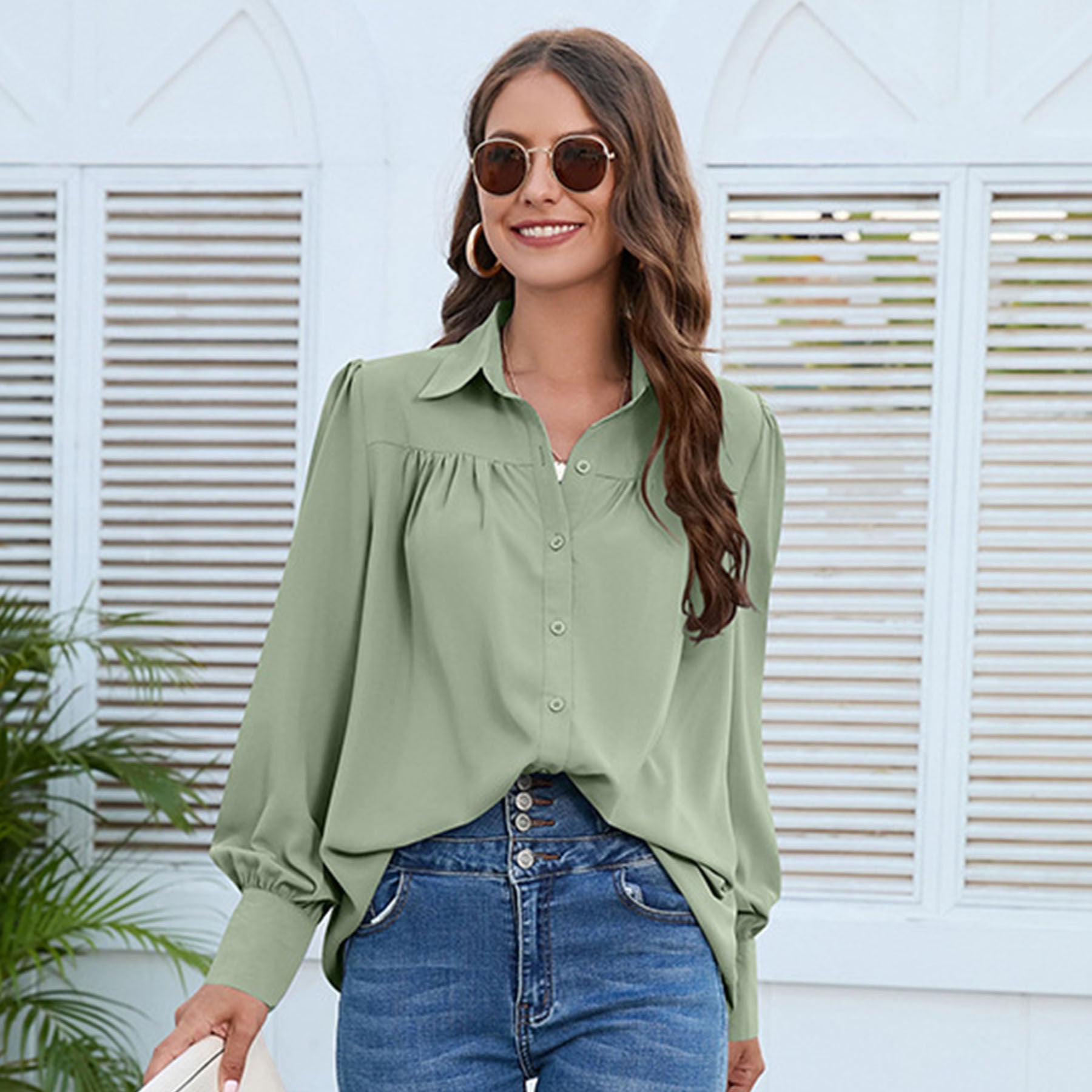 Women's Versatile Chiffon Shirt Pleated Long-sleeved Blouses