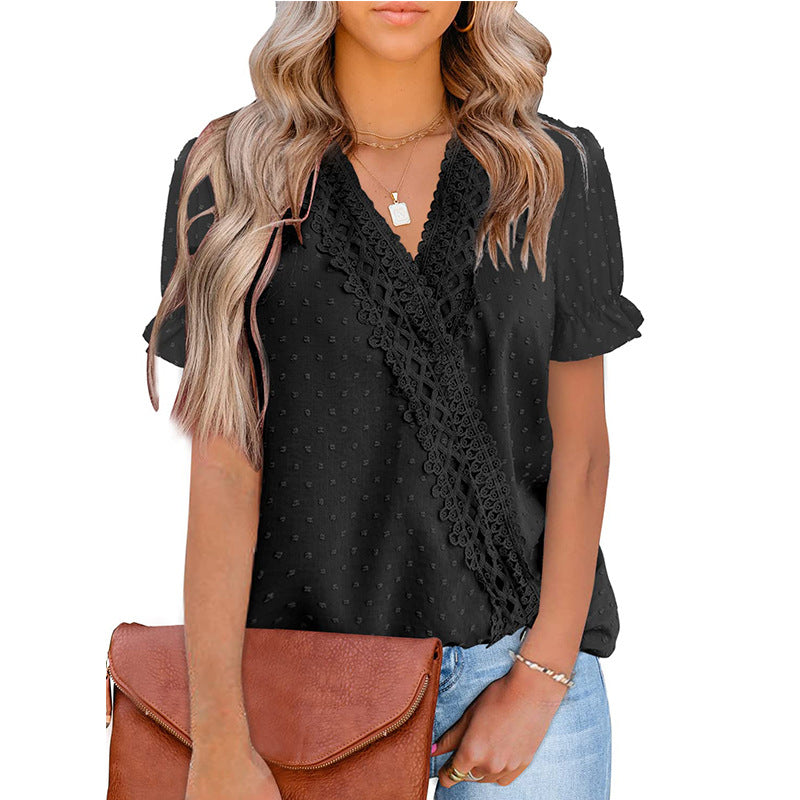 Women's Summer Chiffon Fur Lace V-neck Sleeve Blouses