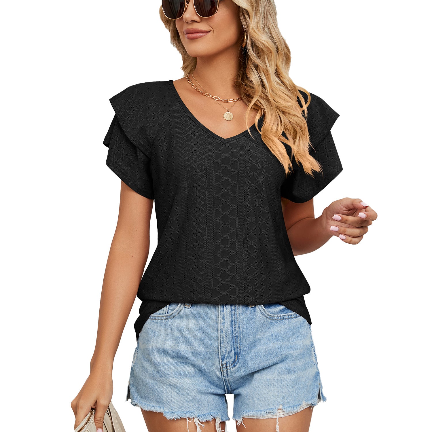 Women's Solid Color Double-layer Sleeve V-neck Loose Blouses