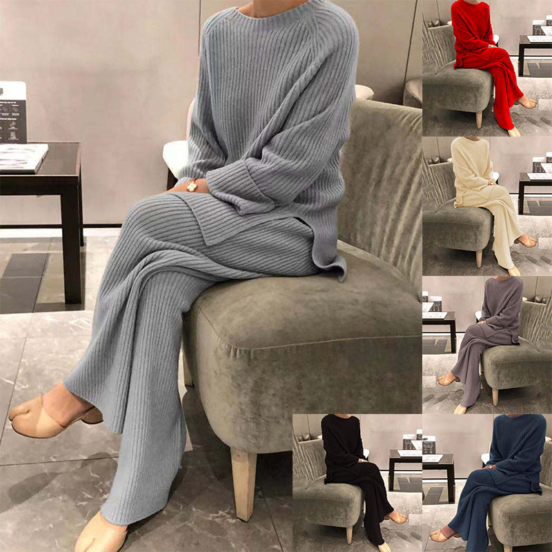 Women's Long Sleeve Solid Color Knit Casual Two-piece Sweaters