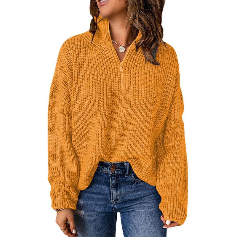 Women's Solid Color Pullover Turtleneck Zipper Loose Sweaters