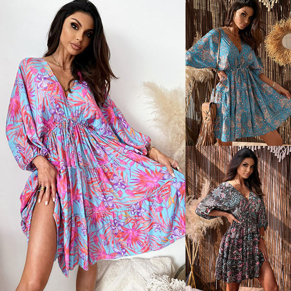 Summer High Waist Pullover Sleeve Printed Dresses