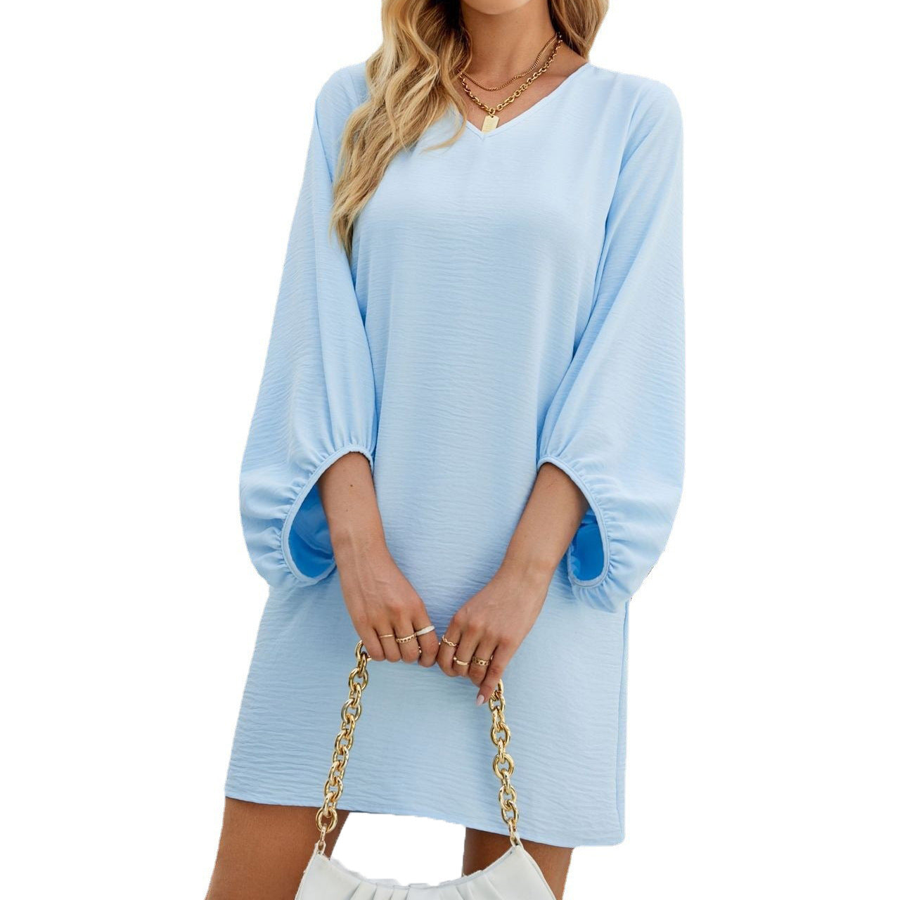 Women's Color V-neck Three-quarter Sleeve Puff Loose Dresses