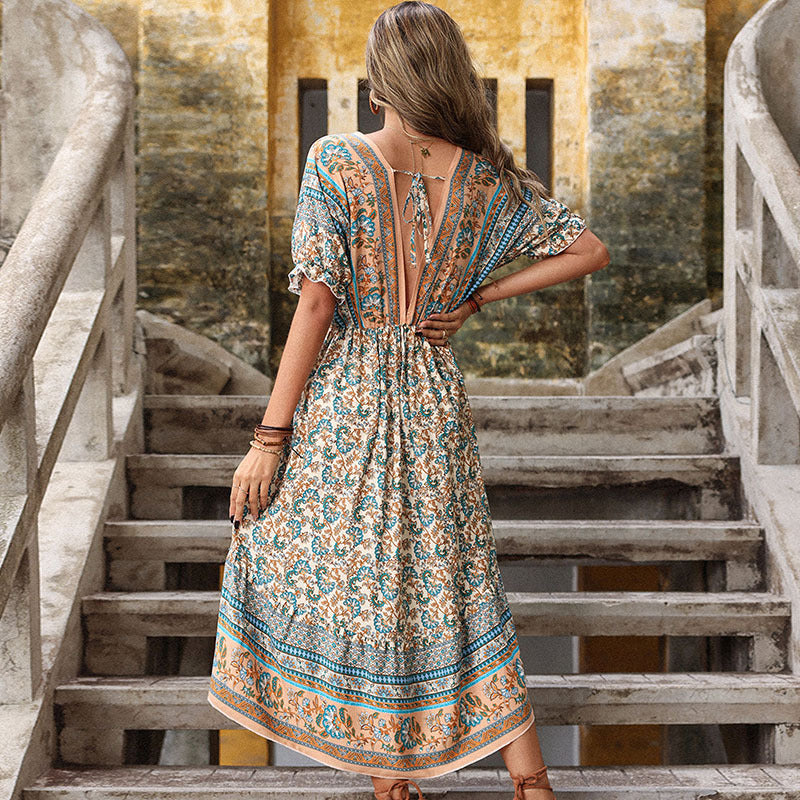 Summer Retro Mid-length Slim Print Irregular Dresses