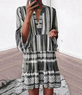 Printed Dress Loose Fashionable V-neck Chiffon Dresses