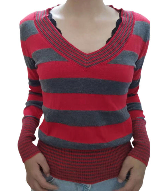 Women's Striped Peach Collar Tight Flared Sleeve Sweaters