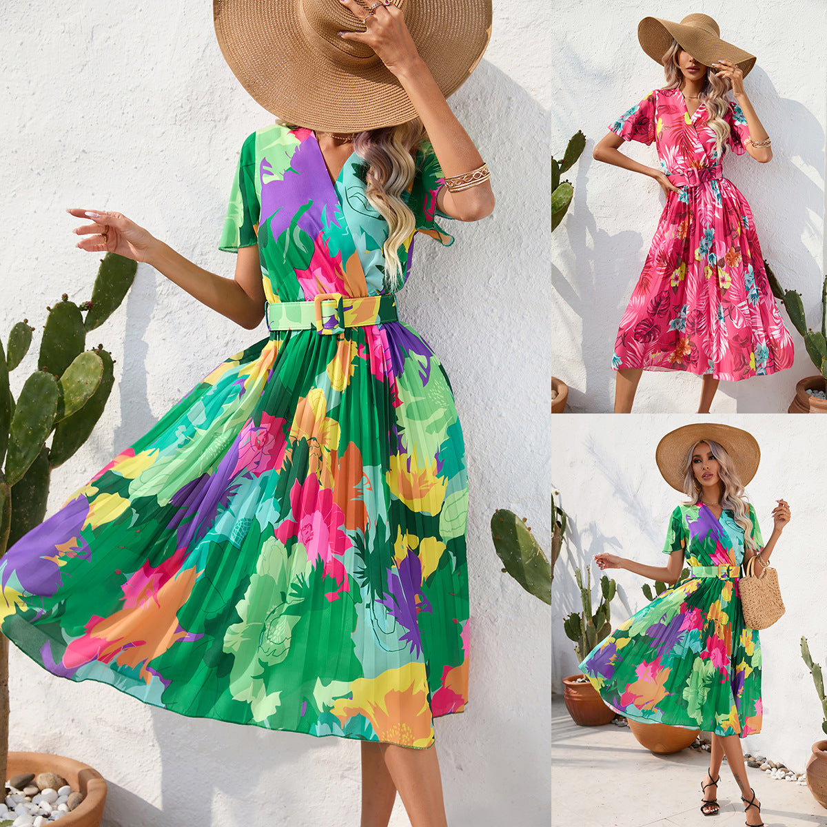 Women's Summer Floral Print Crumpled Short-sleeved Dresses