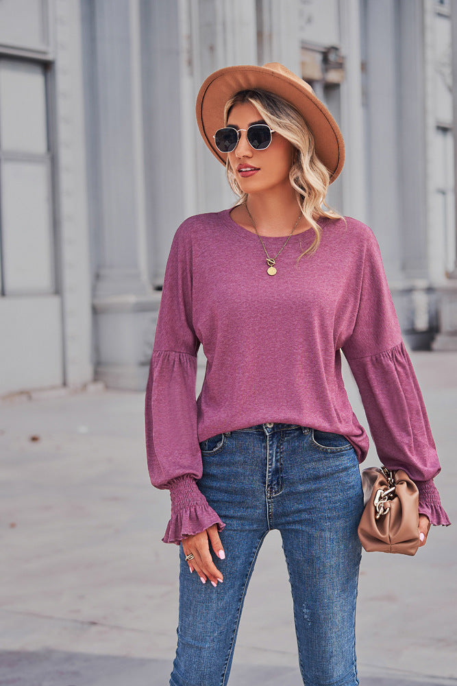 Women's Round Neck Lantern Sleeve Long-sleeve T-shirt Blouses