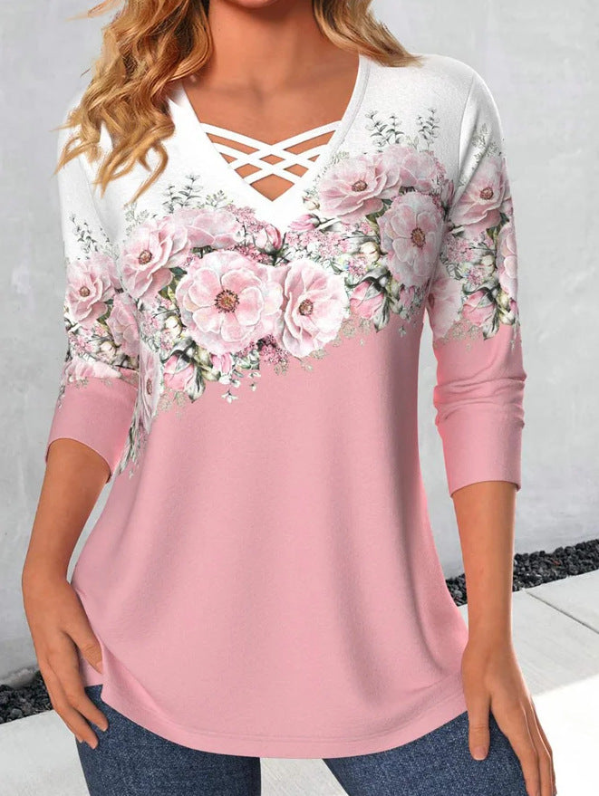 Women's Autumn Loose Crisscross Neckline Flower Print Blouses