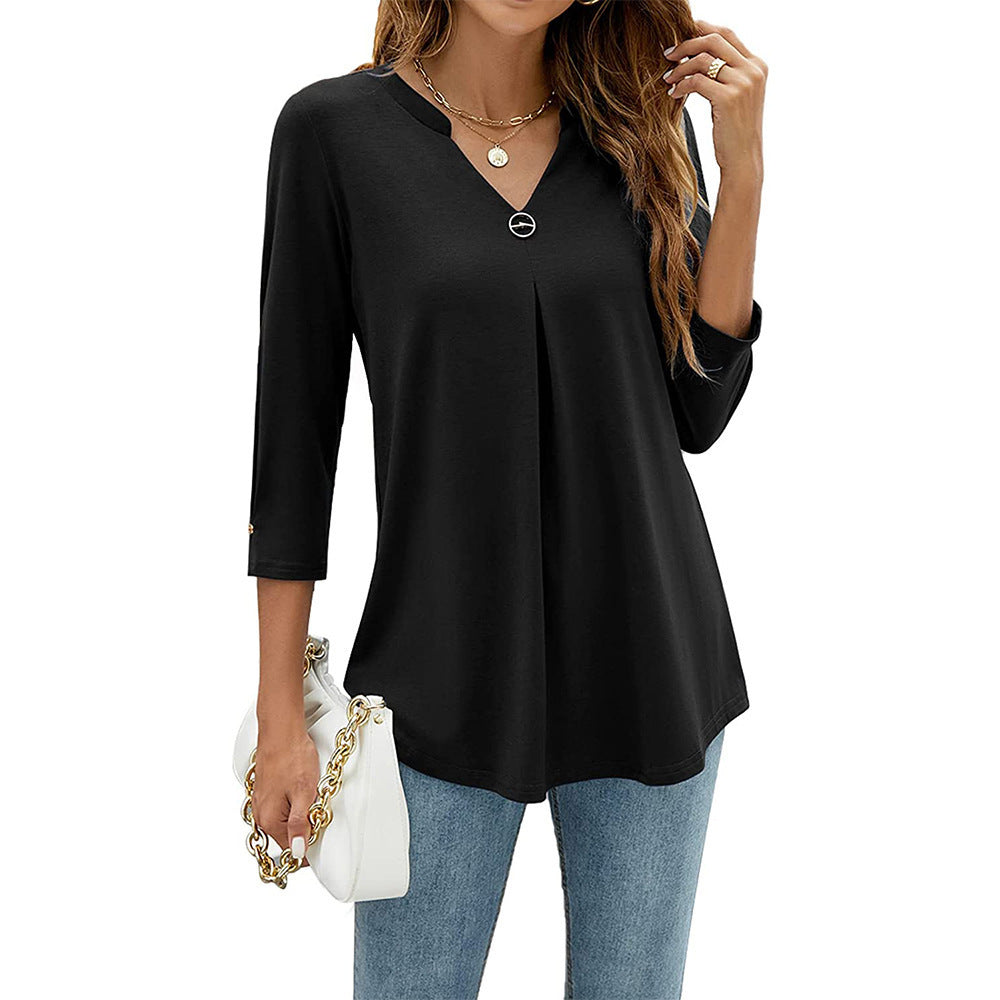 V-neck Three-quarter Sleeve Tight Decorative Buckle Pleated Blouses