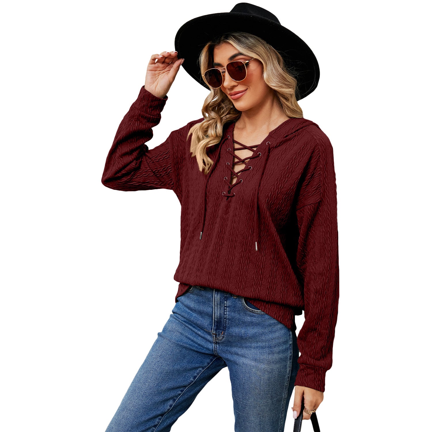 Women's Solid Color Hooded Neckline Tied Long Tops