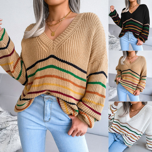 Women's Fashion Wind Rainbow Striped Loose Sweaters