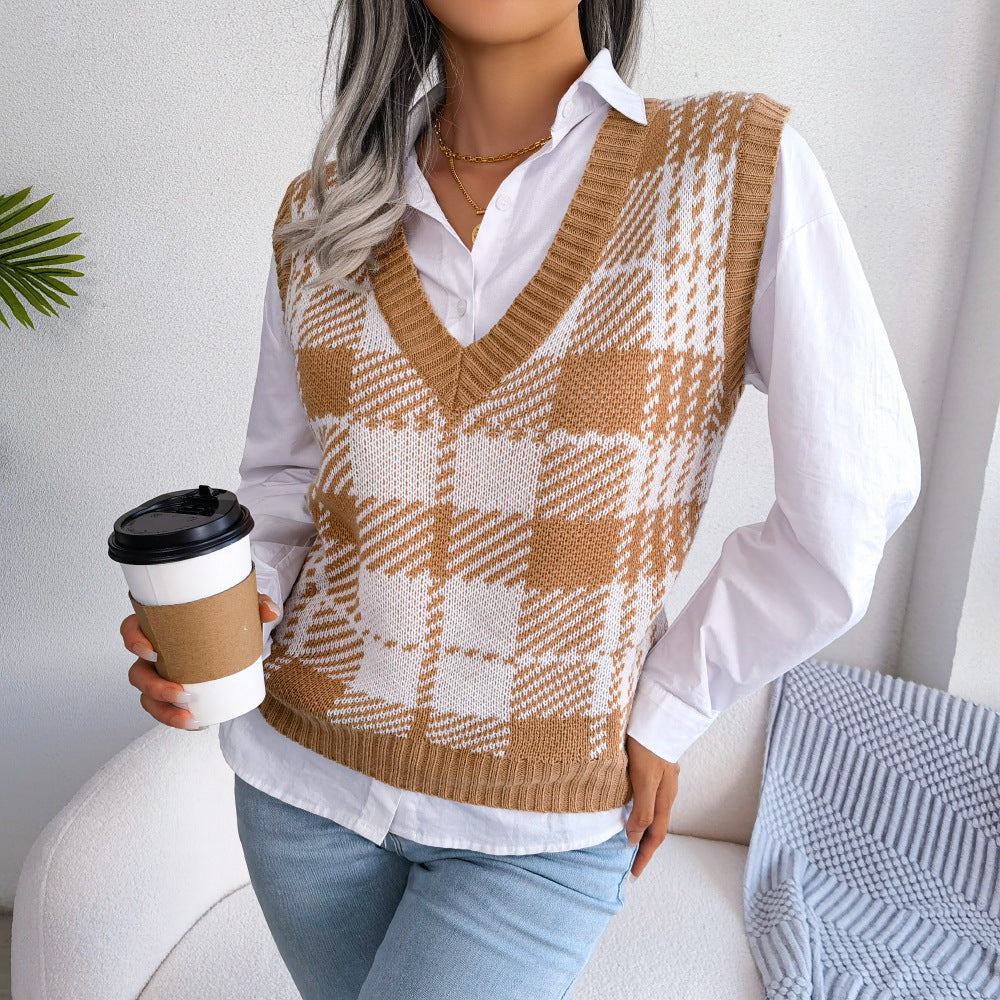 Fashion Women's Casual Color Plaid Knitted Sweaters