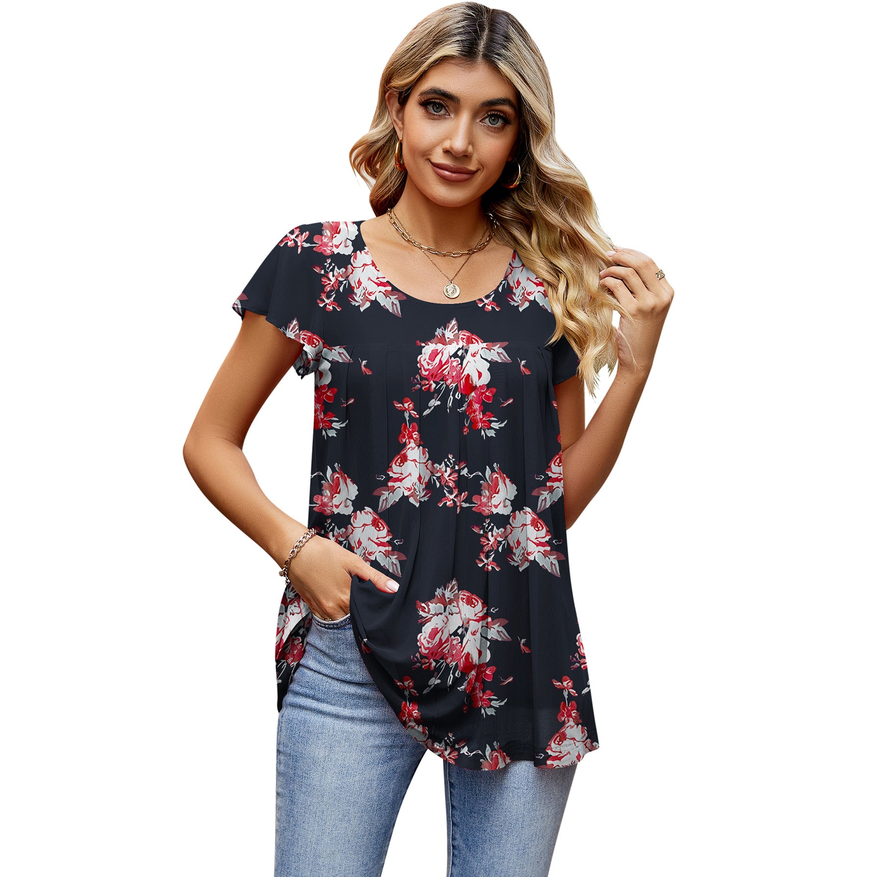 Women's Summer Mesh Loose Pleated Printed Elegant Blouses