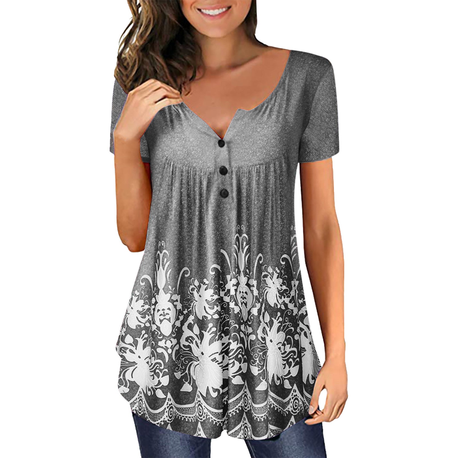 Women's Sleeve Printed Pleating Button Loose V-neck Blouses