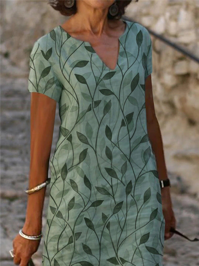 Leaf Printed Cotton Linen Sleeve V-neck Midi Shorts