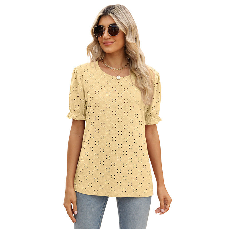 Women's Solid Color Hollow Jacquard Round Neck Blouses