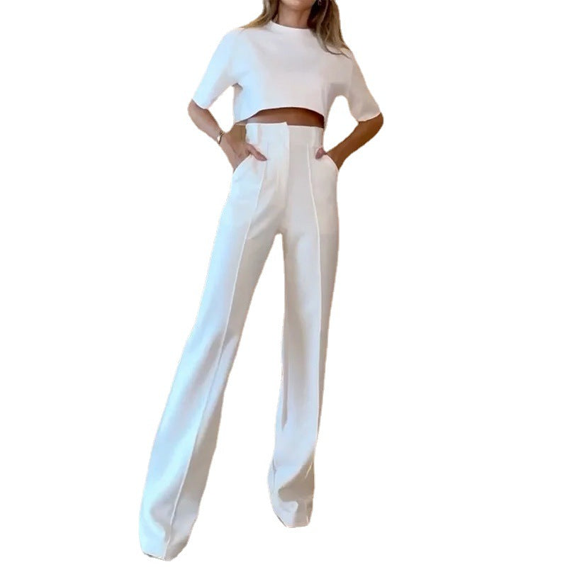 Women's Neck Sleeves Trousers Solid Color Two-piece Suits