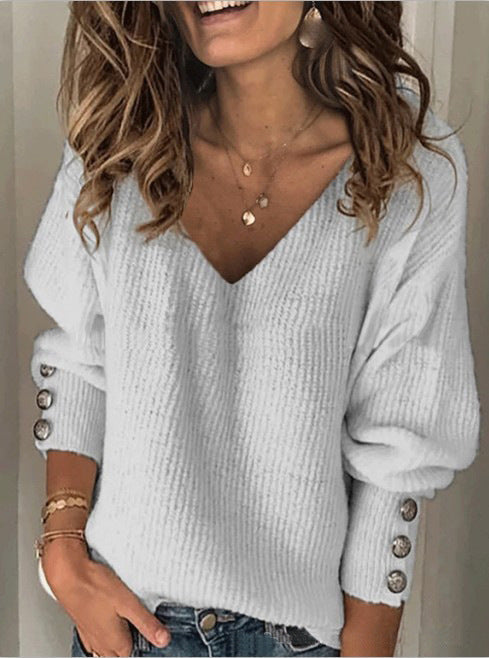 Women's Pure Color All-matching V-neck Loose Long Sweaters