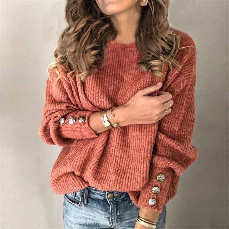 Women's Long-sleeved Round Neck Button T-shirt Sweaters