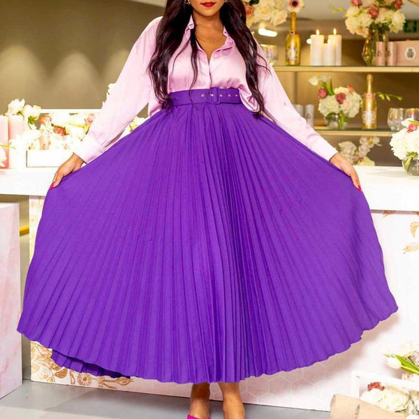 Women's High Waist Large Belt Mid-length Pleated Skirts