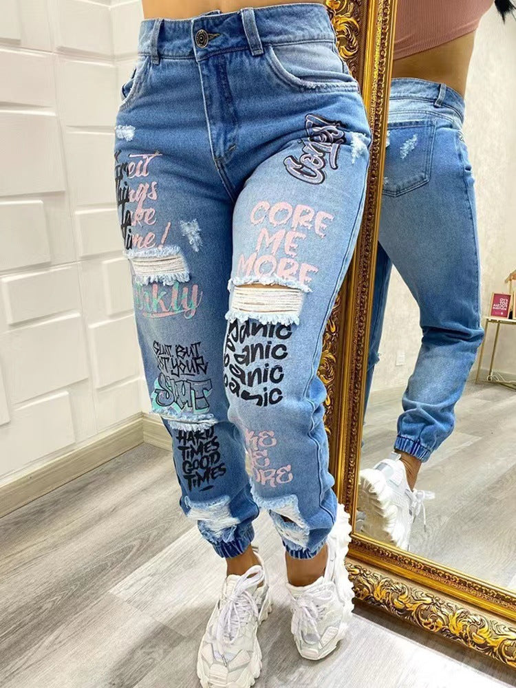 Pretty Durable Fashionable Letter Cut-out Skinny Jeans