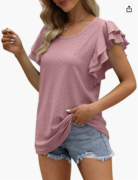 Women's Double-layer Ruffled Hollow-out Long Short-sleeved Blouses