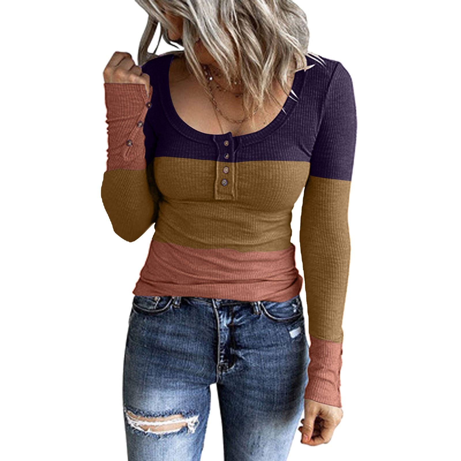 Women's Color Gradient Round Neck Pullover Button Long Blouses