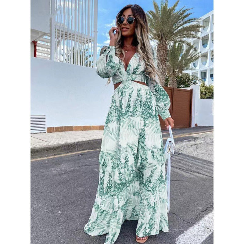 Women's Wear Spring Long Printed V-neck Sleeve Dresses