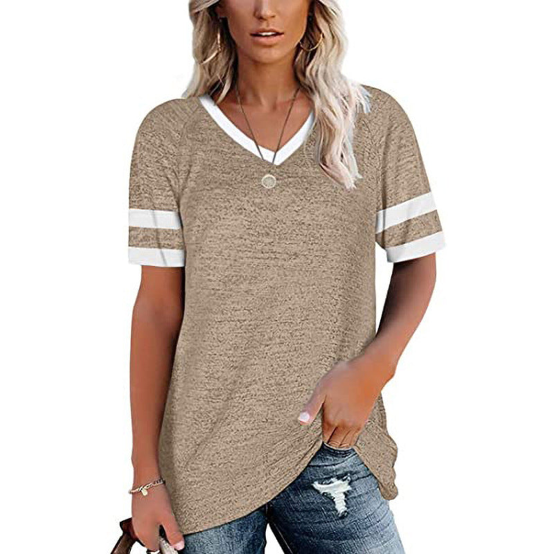 Sommer-Kontrastfarben-Kurzarm-Freizeit-T-Shirt-Blusen für Damen